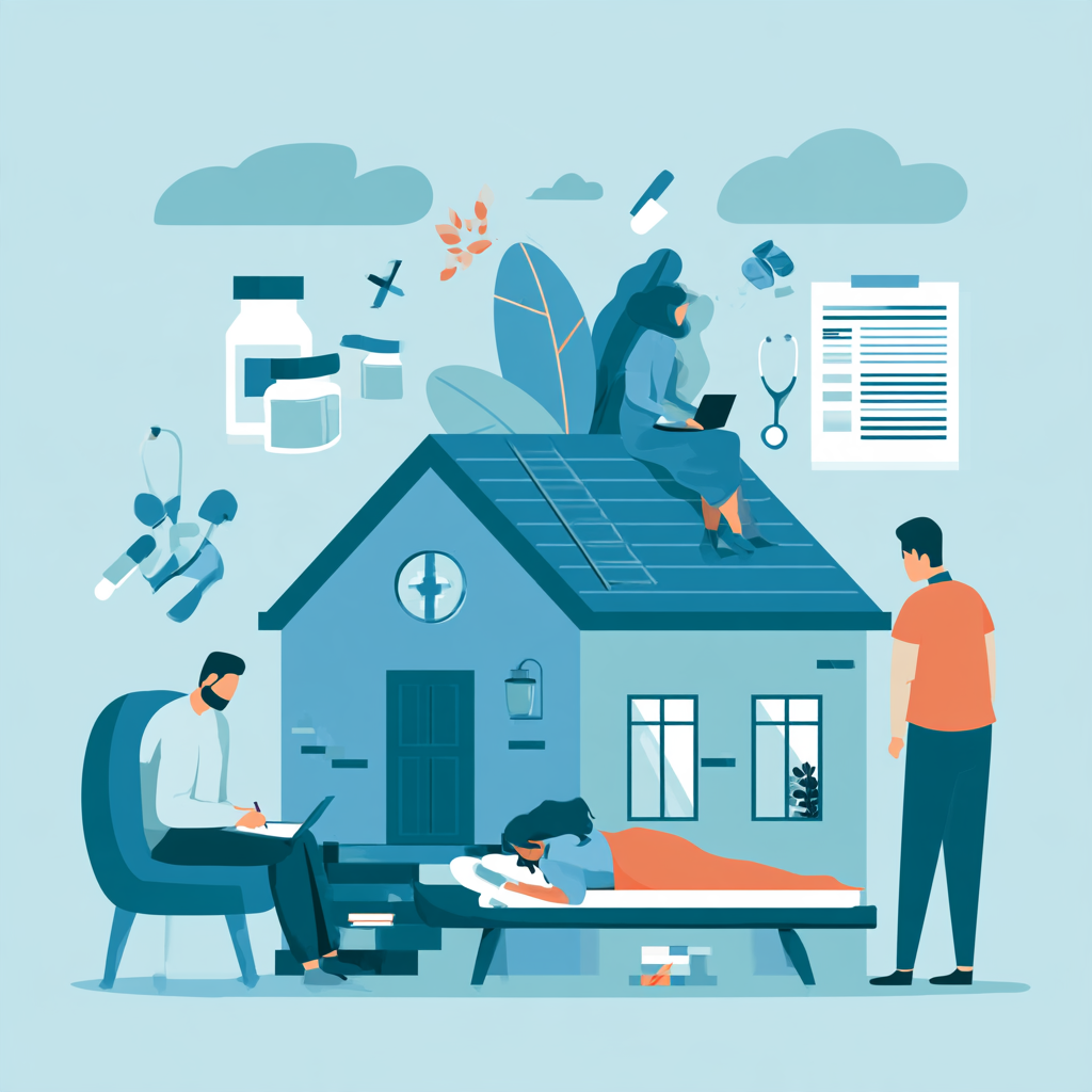 Illustration of a residential addiction treatment center with clients, a counselor, and medical support, representing how residential treatment can help after multiple unsuccessful rehab attempts and services available at Capistrano Beach Recovery.