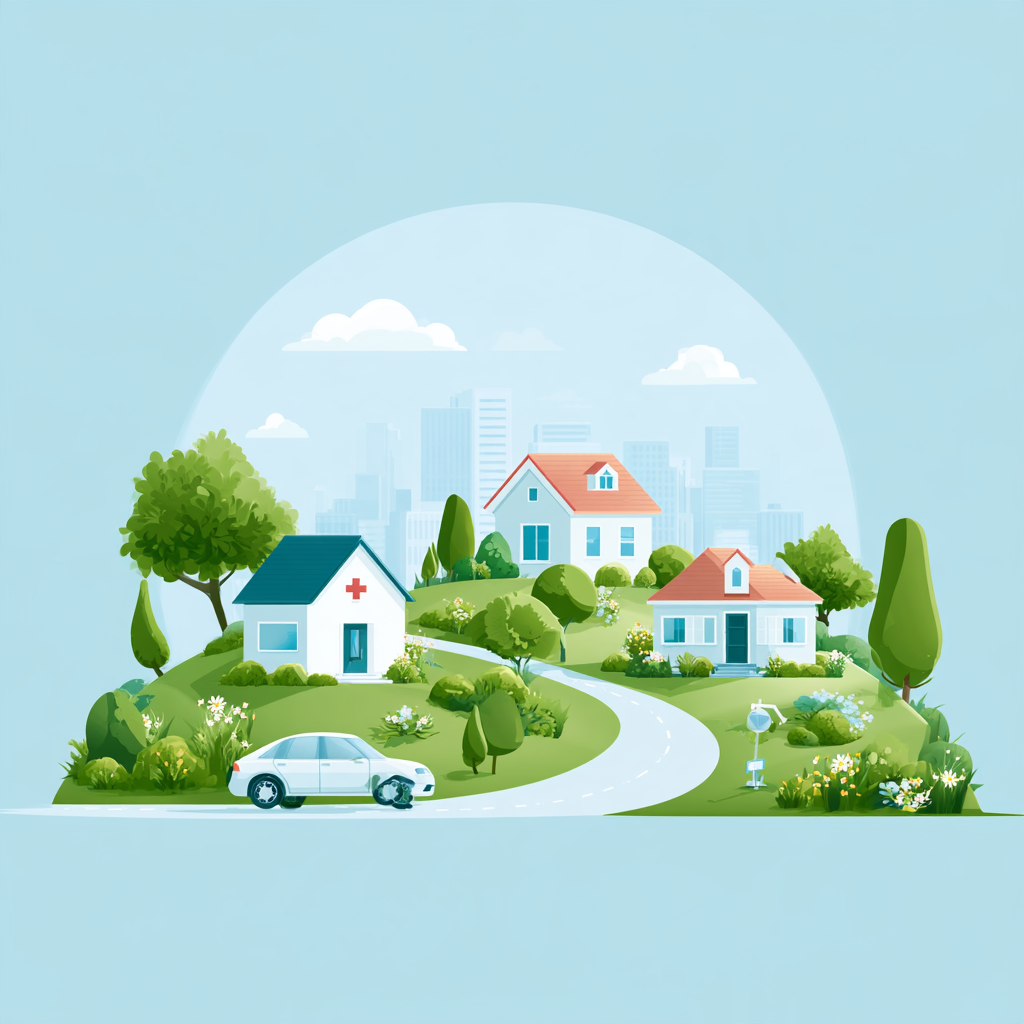 Illustration of residential treatment facilities surrounded by greenery, a medical building, and a car, representing insurance coverage for residential addiction treatment and services available at Capistrano Beach Recovery.