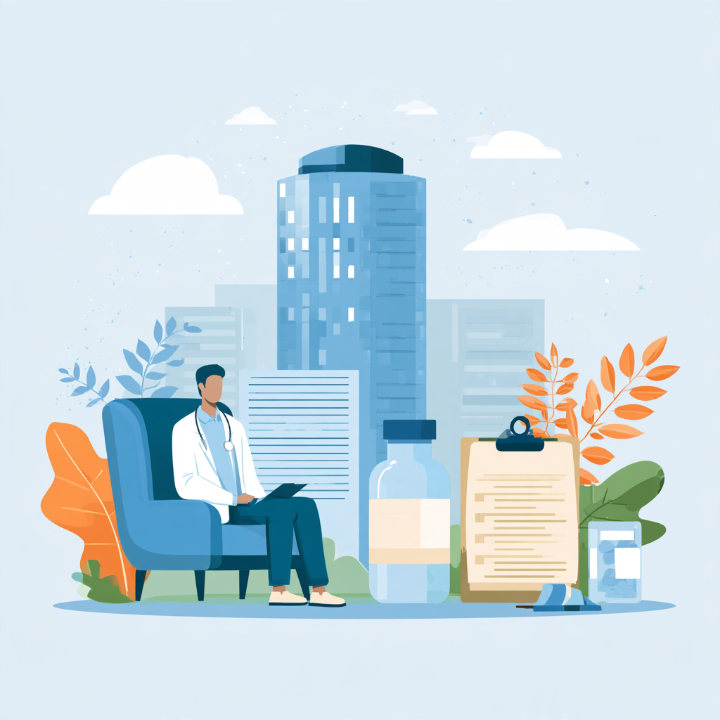 Illustration of a medical professional seated near a treatment facility, medical records, and medication, representing signs you may need residential treatment instead of outpatient care and services available at Capistrano Beach Recovery.