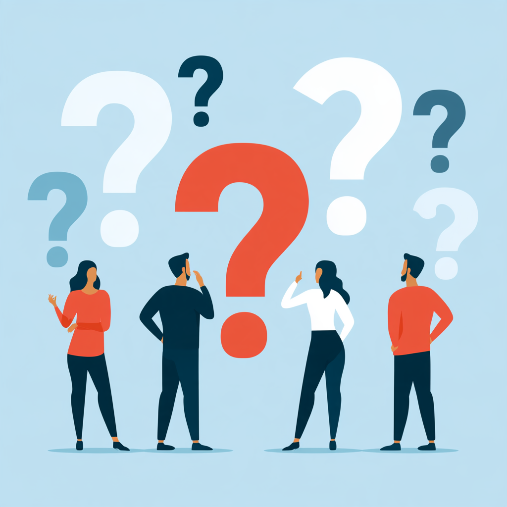 Illustration of people surrounded by question marks, representing important questions to ask before choosing a residential treatment program and services available at Capistrano Beach Recovery.